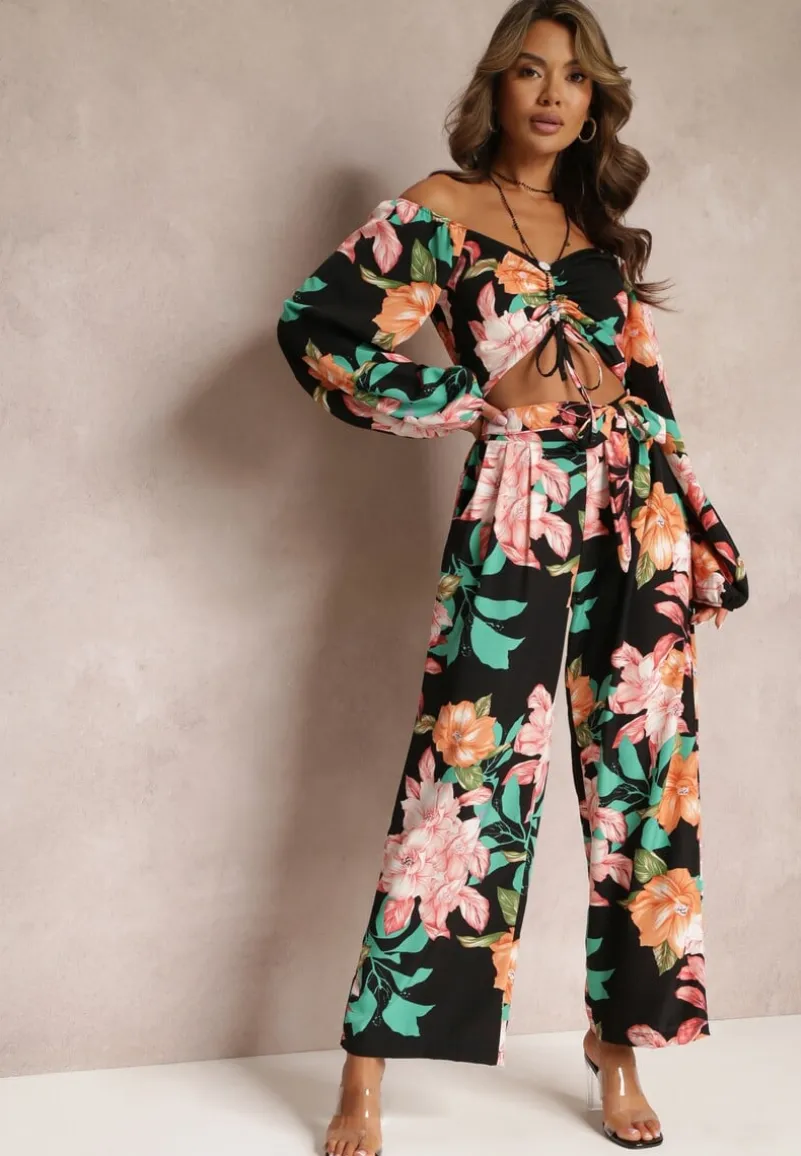 Czarny 2-częściowy Komplet Bluzka z Długim Rękawem Szerokie Spodnie z Gumką w Pasie w Kwiaty Calaq