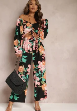 Czarny 2-częściowy Komplet Bluzka z Długim Rękawem Szerokie Spodnie z Gumką w Pasie w Kwiaty Calaq