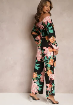 Czarny 2-częściowy Komplet Bluzka z Długim Rękawem Szerokie Spodnie z Gumką w Pasie w Kwiaty Calaq