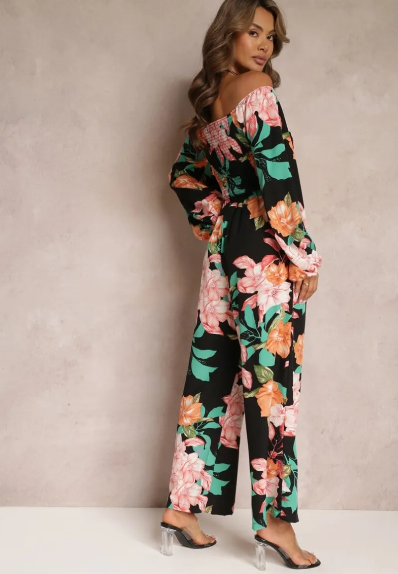 Czarny 2-częściowy Komplet Bluzka z Długim Rękawem Szerokie Spodnie z Gumką w Pasie w Kwiaty Calaq