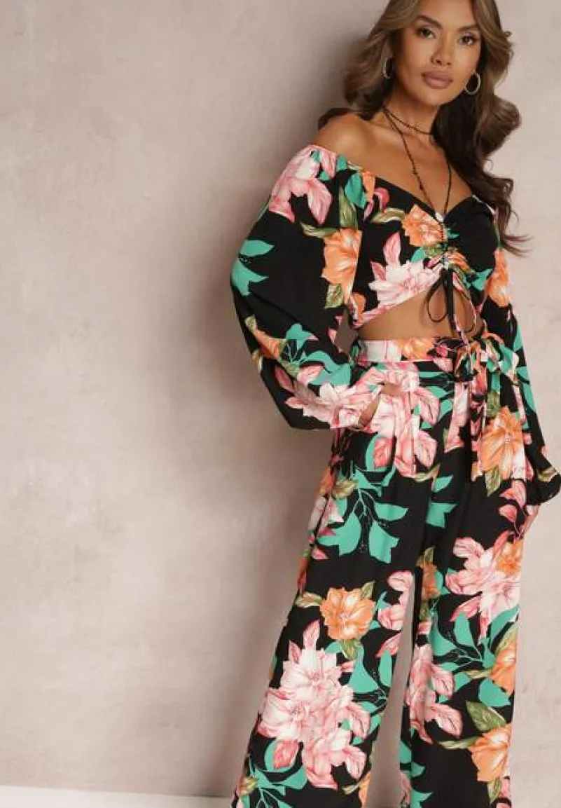 Czarny 2-częściowy Komplet Bluzka z Długim Rękawem Szerokie Spodnie z Gumką w Pasie w Kwiaty Calaq