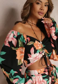 Czarny 2-częściowy Komplet Bluzka z Długim Rękawem Szerokie Spodnie z Gumką w Pasie w Kwiaty Calaq