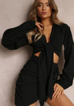 Czarny 2-częściowy Komplet Casual z Bluzką i Spódnicą Mini Udekorowanych Wiązaniem Beasia