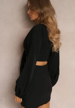 Czarny 2-częściowy Komplet Casual z Bluzką i Spódnicą Mini Udekorowanych Wiązaniem Beasia