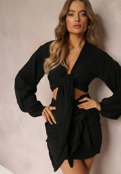 Czarny 2-częściowy Komplet Casual z Bluzką i Spódnicą Mini Udekorowanych Wiązaniem Beasia