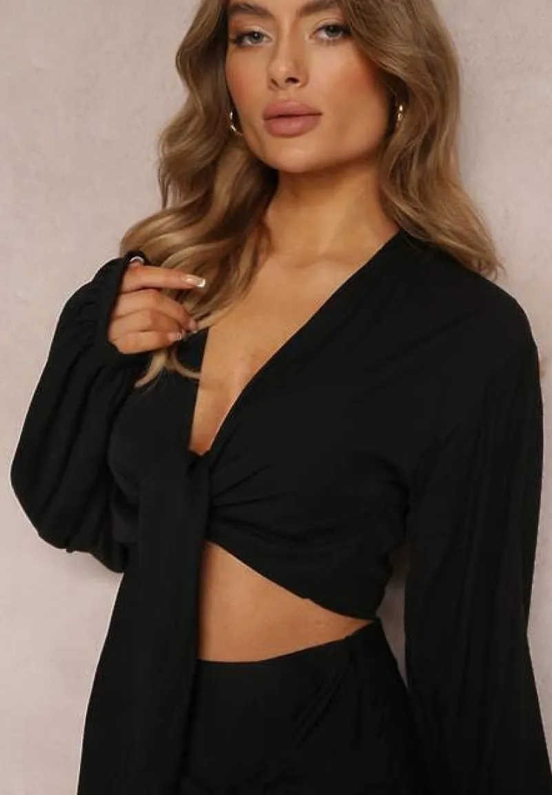 Czarny 2-częściowy Komplet Casual z Bluzką i Spódnicą Mini Udekorowanych Wiązaniem Beasia