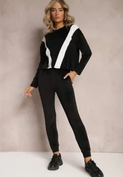 Czarny 2-częściowy Komplet Dresowy Welurowy z Bluzą i Spodniami Vestali