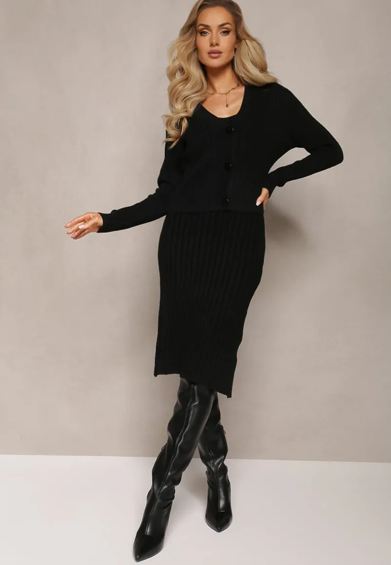 Czarny 2-częściowy Komplet Dzianinowy z Sukienką i Kardiganem Mystice