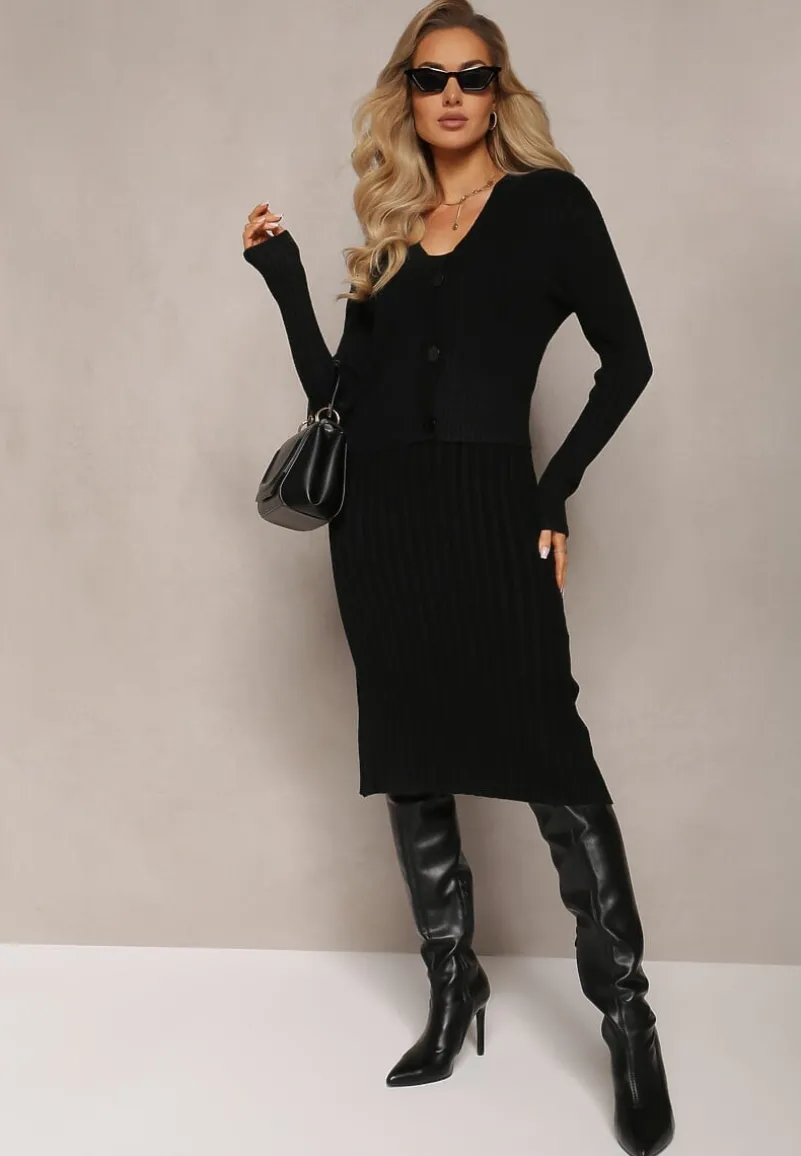 Czarny 2-częściowy Komplet Dzianinowy z Sukienką i Kardiganem Mystice