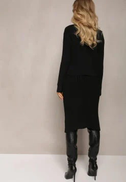 Czarny 2-częściowy Komplet Dzianinowy z Sukienką i Kardiganem Mystice