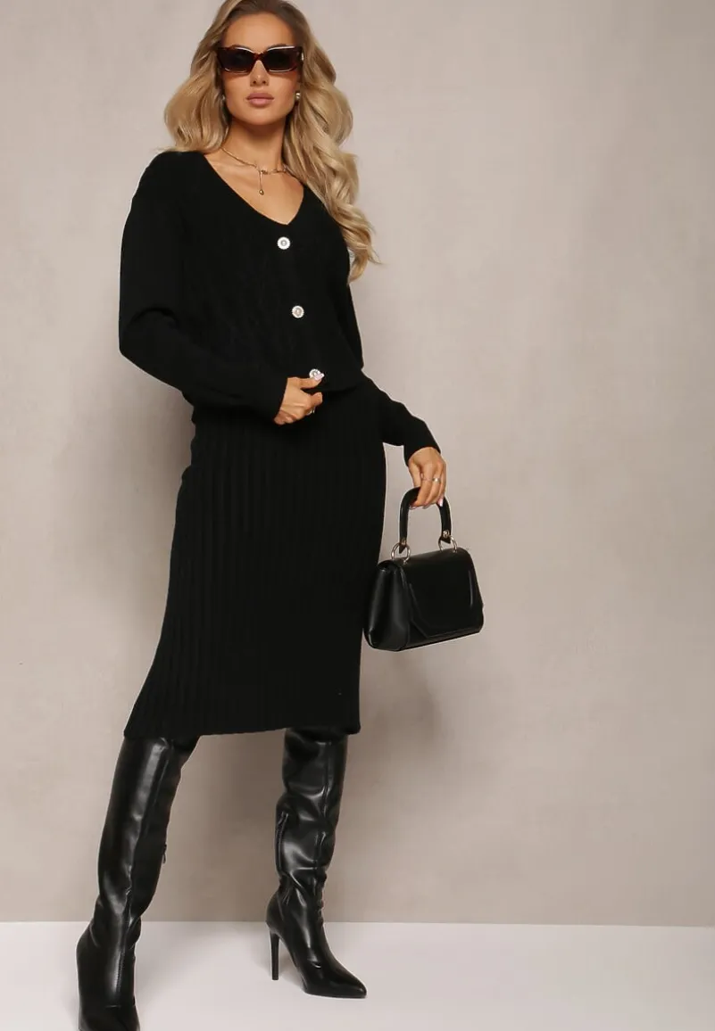 Czarny 2-częściowy Komplet Dzianinowy z Sukienką i Kardiganem Finariel