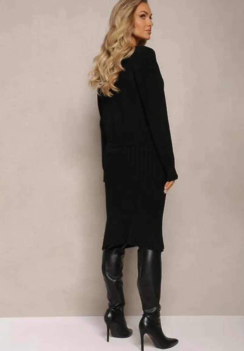 Czarny 2-częściowy Komplet Dzianinowy z Sukienką i Kardiganem Finariel