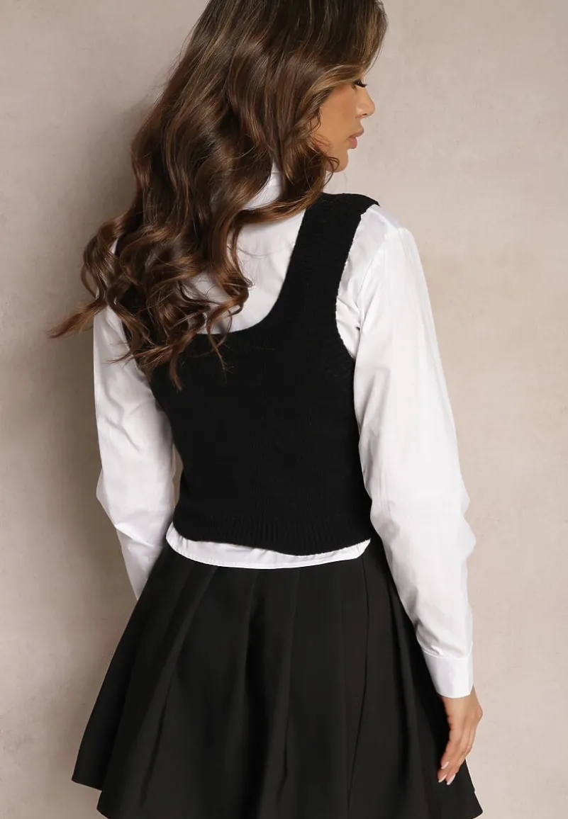 Czarny 2-Częściowy Komplet Koszula i Dzianinowy Top o Krótkim Fasonie Tarilena