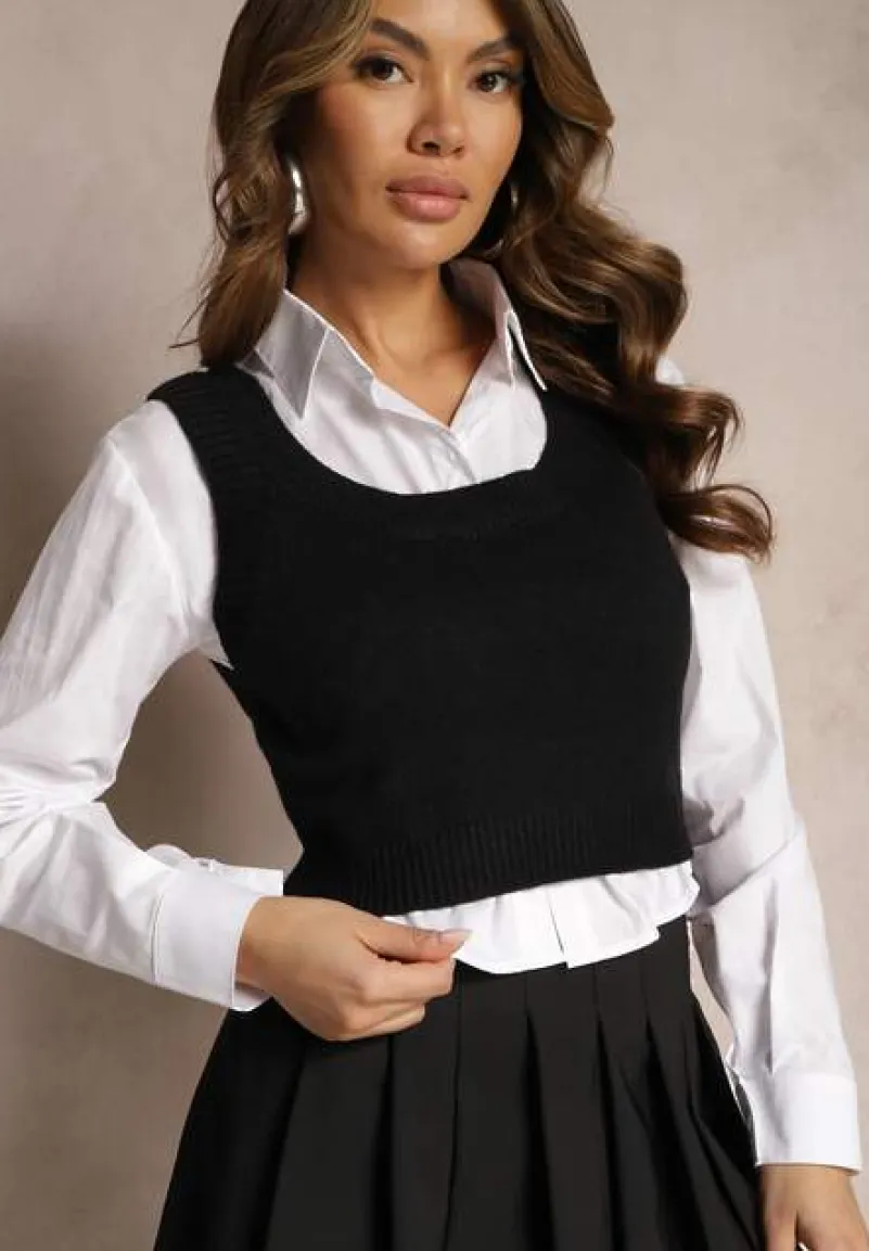 Czarny 2-Częściowy Komplet Koszula i Dzianinowy Top o Krótkim Fasonie Tarilena