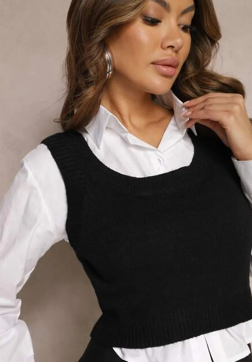 Czarny 2-Częściowy Komplet Koszula i Dzianinowy Top o Krótkim Fasonie Tarilena