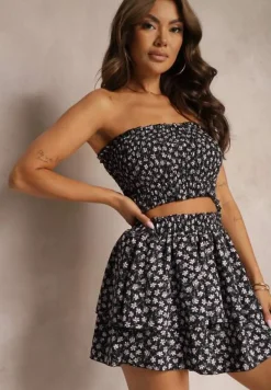 Czarny 2-Częściowy Komplet Marszczony Top Bandeau Szorty Imitujące Spódnicę z Gumką Qalifea