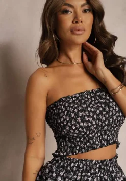 Czarny 2-Częściowy Komplet Marszczony Top Bandeau Szorty Imitujące Spódnicę z Gumką Qalifea