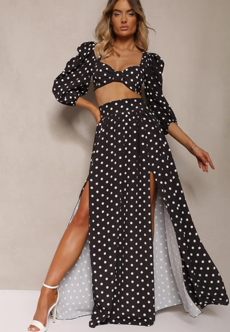 Czarny 2-Częściowy Komplet w Kropki Krótki Top z Dekoltem Spódnica z Gumką w Talii Wandrea