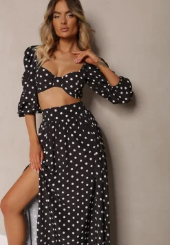 Czarny 2-Częściowy Komplet w Kropki Krótki Top z Dekoltem Spódnica z Gumką w Talii Wandrea