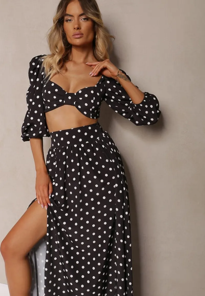 Czarny 2-Częściowy Komplet w Kropki Krótki Top z Dekoltem Spódnica z Gumką w Talii Wandrea