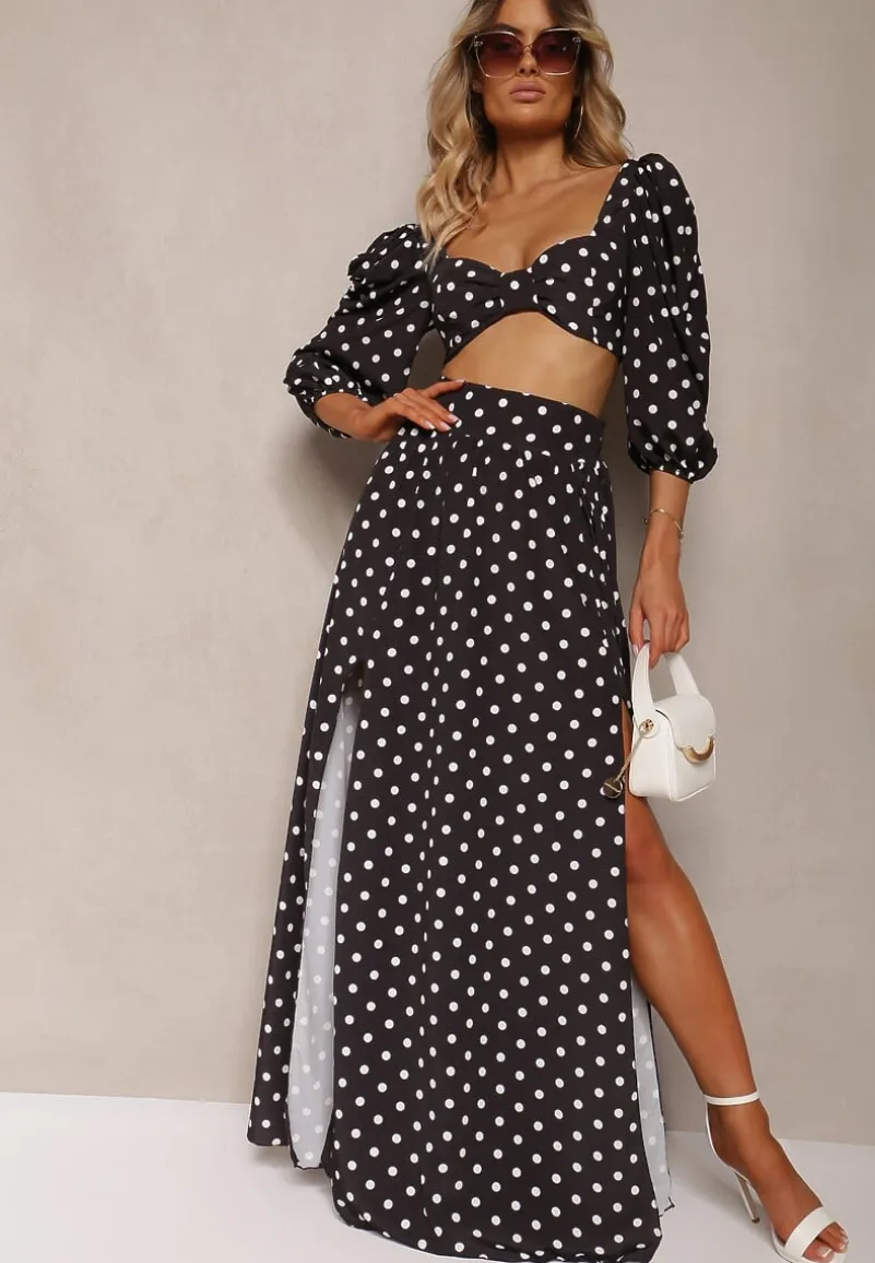 Czarny 2-Częściowy Komplet w Kropki Krótki Top z Dekoltem Spódnica z Gumką w Talii Wandrea