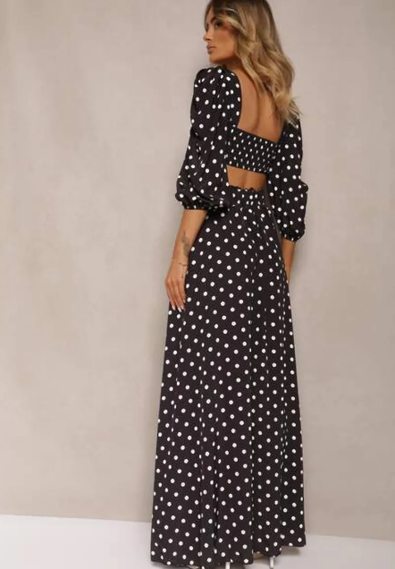 Czarny 2-Częściowy Komplet w Kropki Krótki Top z Dekoltem Spódnica z Gumką w Talii Wandrea