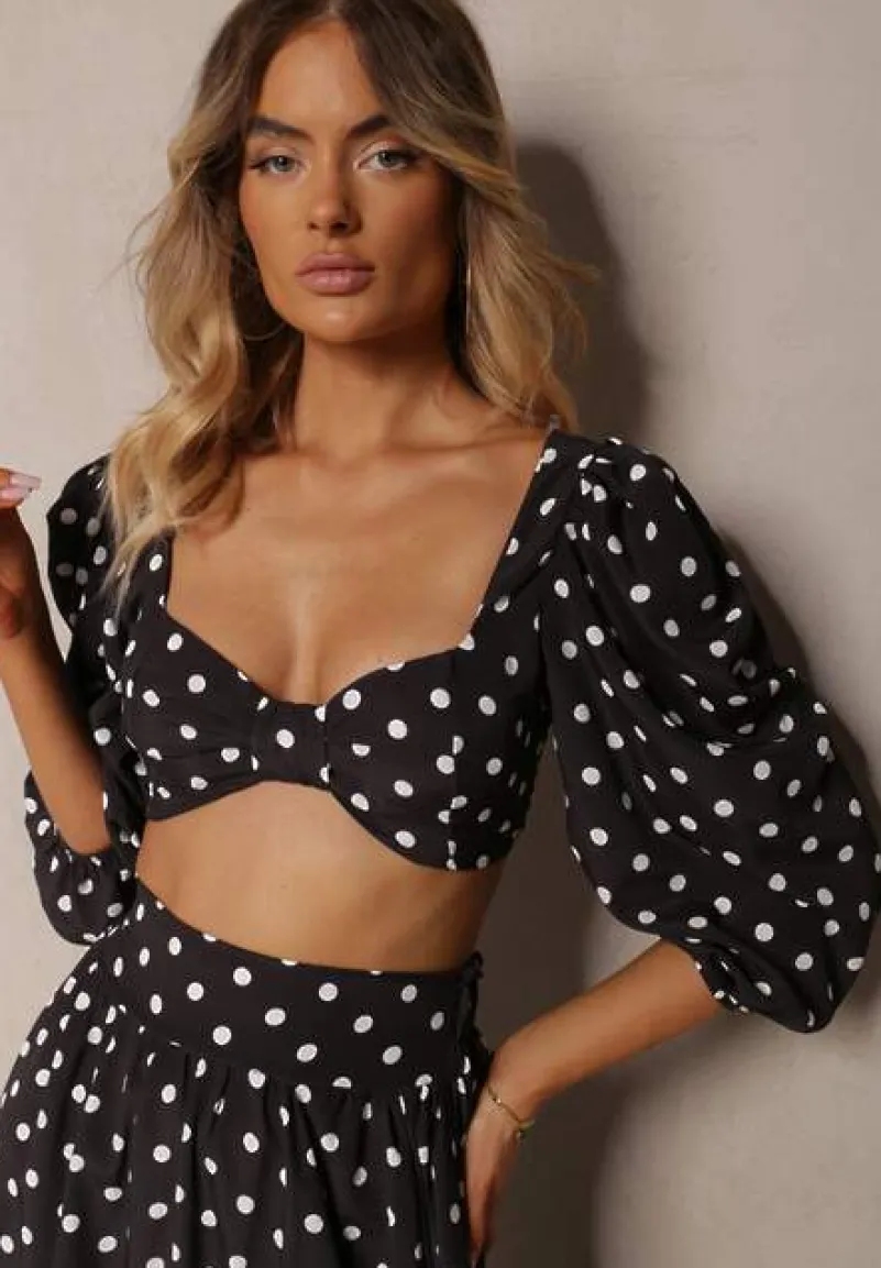 Czarny 2-Częściowy Komplet w Kropki Krótki Top z Dekoltem Spódnica z Gumką w Talii Wandrea