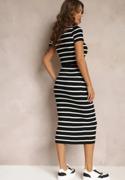 Czarny 2-częściowy Komplet w Paski Top z Krótkimi Rękawami i Spódnica z Gumką w Pasie Viale