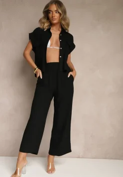 Czarny 2-Częściowy Komplet z Wiskozą i Lnem Luźna Koszula i Szerokie Spodnie Naselina