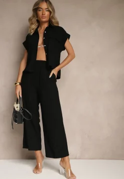 Czarny 2-Częściowy Komplet z Wiskozą i Lnem Luźna Koszula i Szerokie Spodnie Naselina