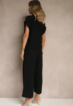 Czarny 2-Częściowy Komplet z Wiskozą i Lnem Luźna Koszula i Szerokie Spodnie Naselina