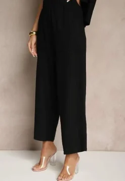 Czarny 2-Częściowy Komplet z Wiskozą i Lnem Luźna Koszula i Szerokie Spodnie Naselina