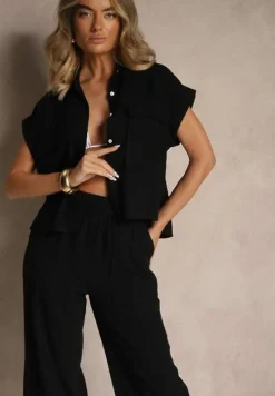 Czarny 2-Częściowy Komplet z Wiskozą i Lnem Luźna Koszula i Szerokie Spodnie Naselina