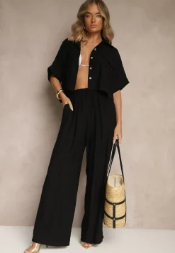 Czarny 2-Częściowy Komplet z Wiskozy Koszula o Luźnym Kroju Szerokie Spodnie Velvitela