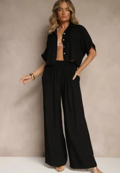 Czarny 2-Częściowy Komplet z Wiskozy Koszula o Luźnym Kroju Szerokie Spodnie Velvitela