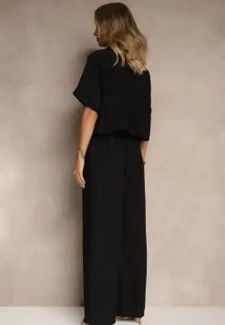 Czarny 2-Częściowy Komplet z Wiskozy Koszula o Luźnym Kroju Szerokie Spodnie Velvitela