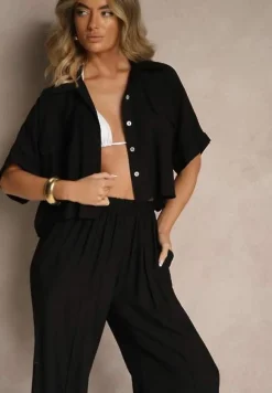 Czarny 2-Częściowy Komplet z Wiskozy Koszula o Luźnym Kroju Szerokie Spodnie Velvitela