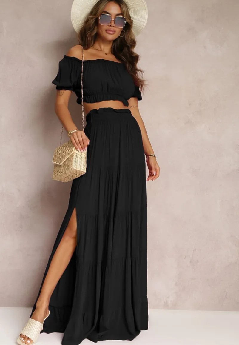 Czarny 2-częściowy Komplet z Wiskozy w Hiszpańskim Stylu Avasa