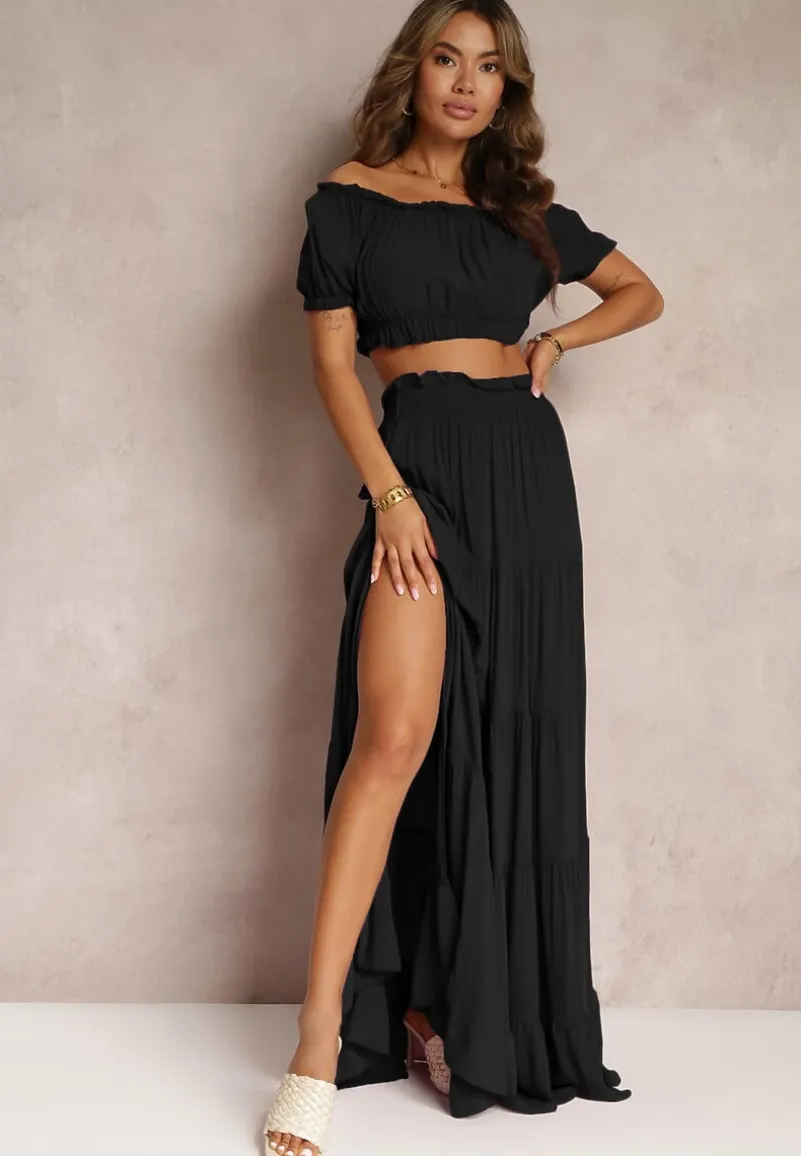 Czarny 2-częściowy Komplet z Wiskozy w Hiszpańskim Stylu Avasa