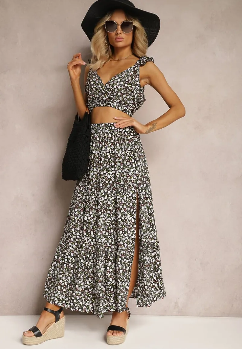 Czarny 2-częściowy Komplet z Bawełny w Kwiaty z Topem i Spódnicą Hildra