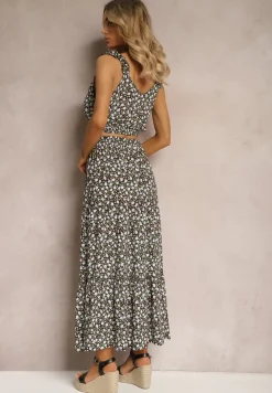 Czarny 2-częściowy Komplet z Bawełny w Kwiaty z Topem i Spódnicą Hildra