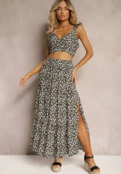 Czarny 2-częściowy Komplet z Bawełny w Kwiaty z Topem i Spódnicą Hildra