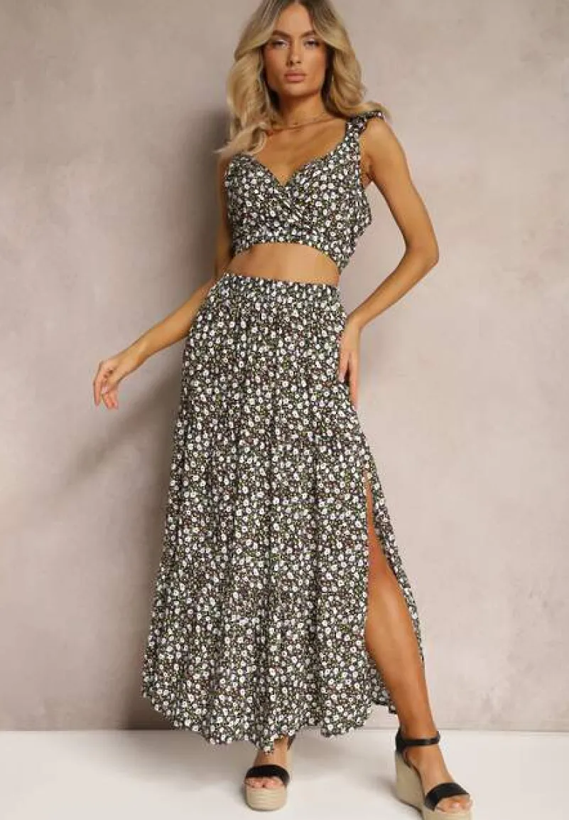 Czarny 2-częściowy Komplet z Bawełny w Kwiaty z Topem i Spódnicą Hildra