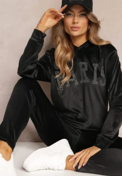 Czarny 2-częściowy Welurowy Komplet Dresowy z Bluzą i Spodniami Yamiya