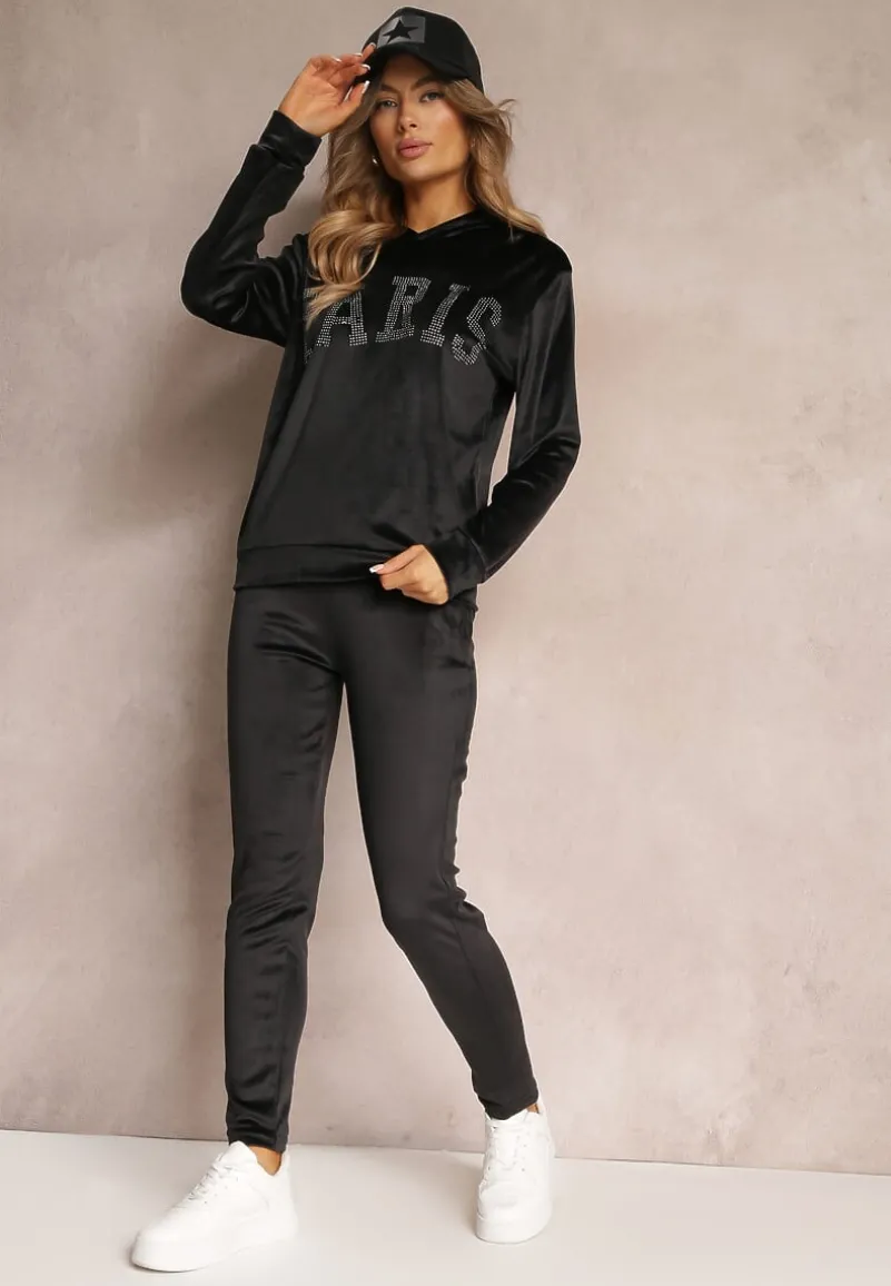 Czarny 2-częściowy Welurowy Komplet Dresowy z Bluzą i Spodniami Yamiya