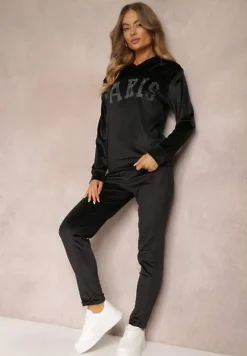 Czarny 2-częściowy Welurowy Komplet Dresowy z Bluzą i Spodniami Yamiya