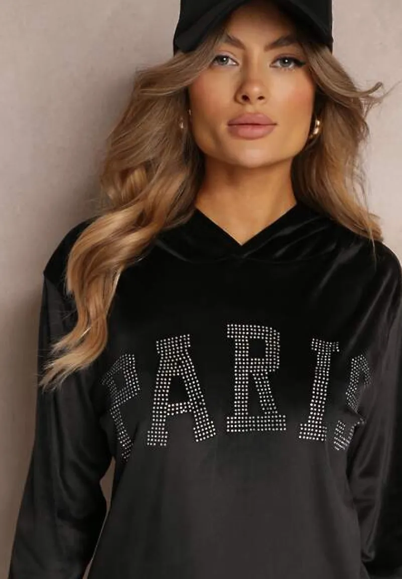 Czarny 2-częściowy Welurowy Komplet Dresowy z Bluzą i Spodniami Yamiya