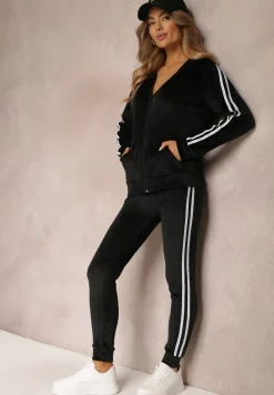 Czarny 2-częściowy Welurowy Komplet Dresowy z Lampasami Ayza