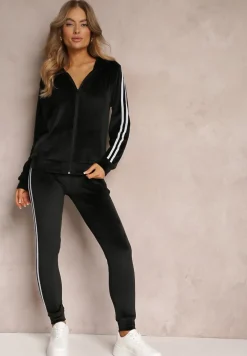 Czarny 2-częściowy Welurowy Komplet Dresowy z Lampasami Ayza