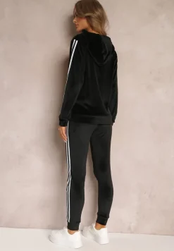 Czarny 2-częściowy Welurowy Komplet Dresowy z Lampasami Ayza